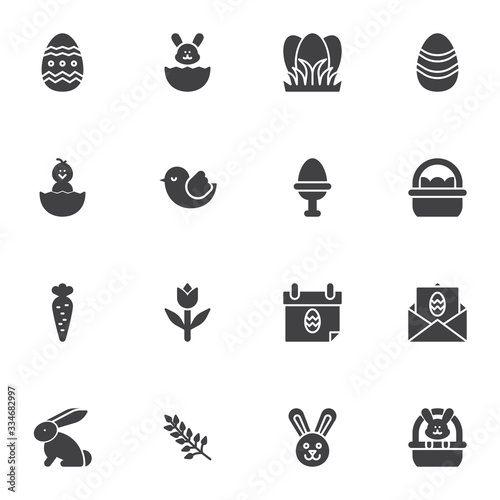 Happy Easter vector icons set, modern solid symbol collection, filled style pictogram pack. Signs, logo illustration. Set includes icons as egg decoration, calendar, rabbit, Easter eggs basket, chick