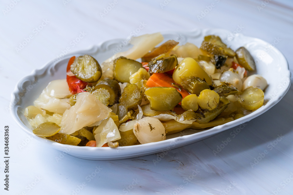 Homemade Mixed Turkish Pickles in Plate. Ready to Eat. Homemade Mixed Turkish Pickles in Plate. Ready to Eat.