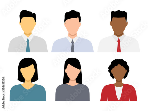 Multietchnic business human icons set. Team Concept. Flat avatar style asian, europian and african people. Vector Illustration isolated on white background.