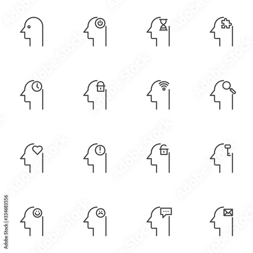 Human mind line icons set. Head thinking linear style symbols collection, outline signs pack. vector graphics. Set includes icons as problem solving, mind secrecy, depression mood, time control