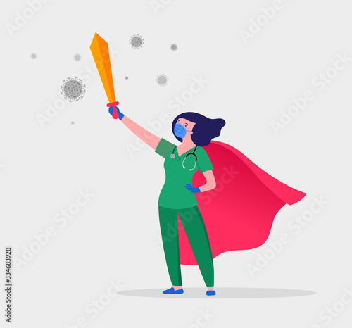 Super doctor and nurse wearing medical masks and capes, superhero couple, vector cartoon illustration