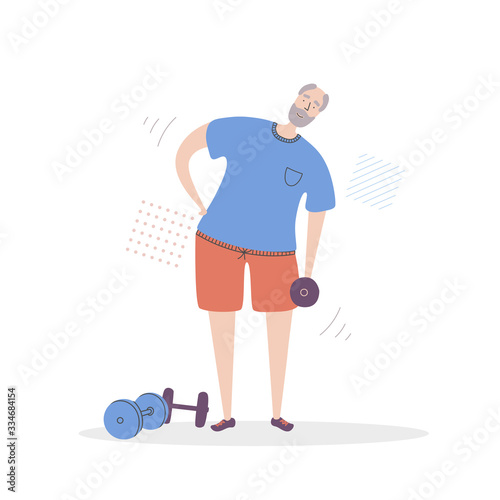 Flat vector illustration Senior Fitness. Smiling grandfather exercising with a dumbbell. Active lifestyle for elder people. Home and gym workout for adult men. 