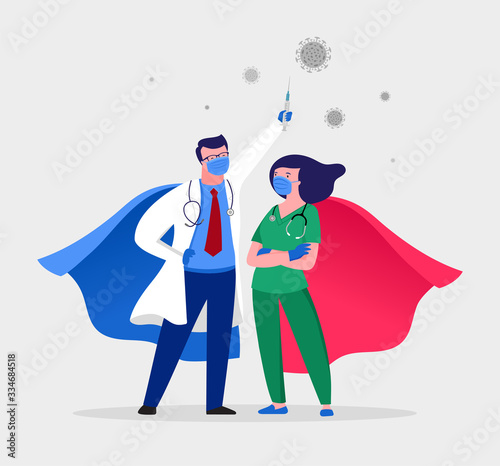 Super doctor and nurse wearing medical masks and capes, superhero couple, vector cartoon illustration