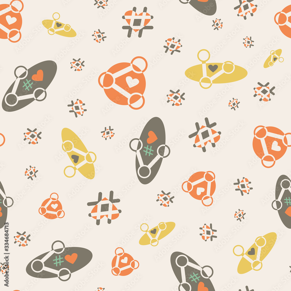 Retro share icon, hashtag, heart seamless vector pattern background. Social media infographic backdrop. Internet symbol all over print. Concept design for online connection, like, love, mutual support