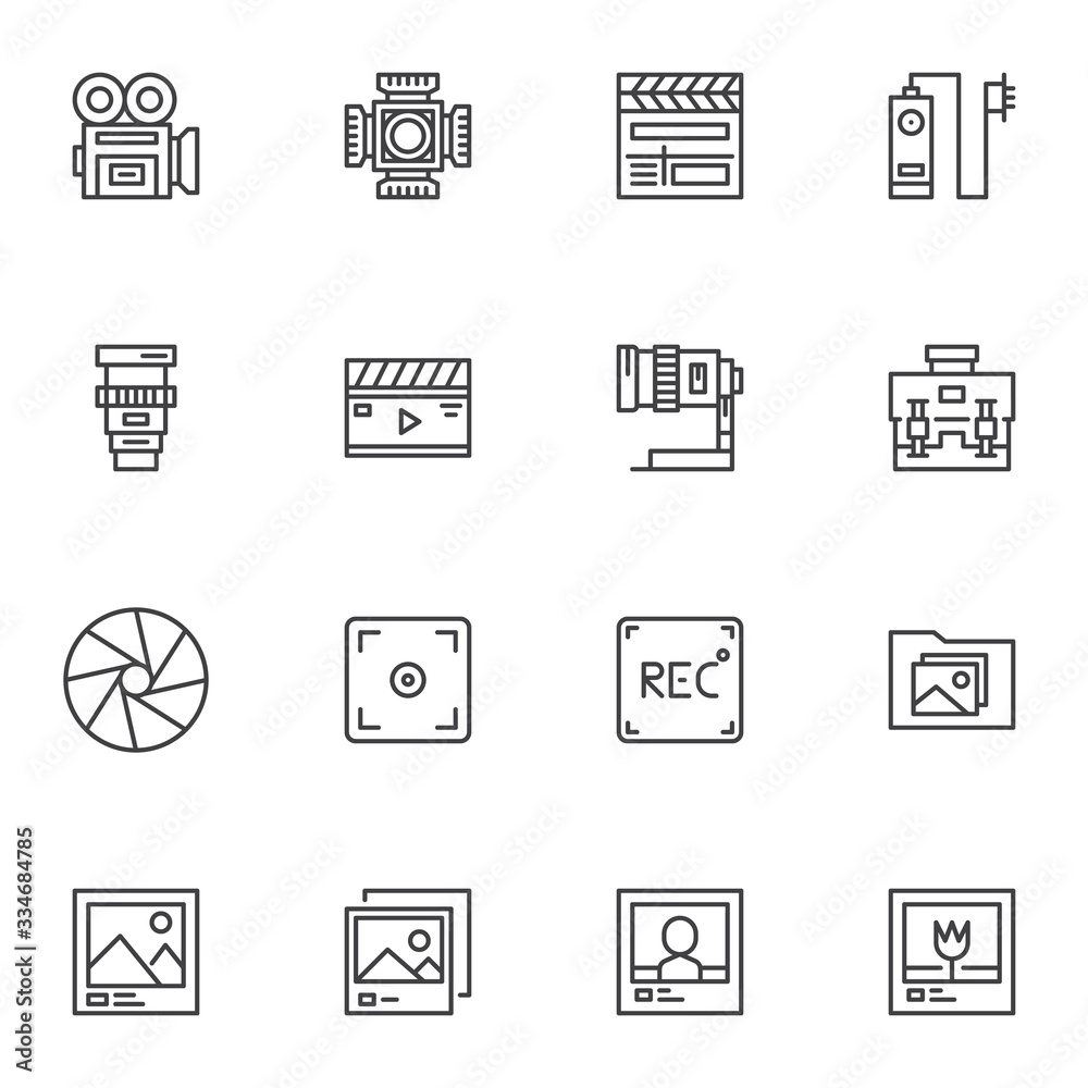 Video and Photo line icons set. linear style symbols collection, outline signs pack. vector graphics. Set includes icons as camera focus viewfinder, lens, clapperboard, portfolio gallery, macro mode Video and Photo line icons set. linear style symbols collection, outline signs pack. vector graphics. Set includes icons as camera focus viewfinder, lens, clapperboard, portfolio gallery, macro mode