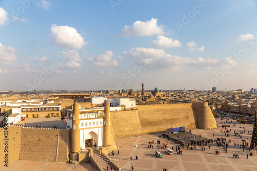 Panorama of Bukhara city (Ark fortress, POI Kalyan architectural complex). Bukhara city, Uzbekistan