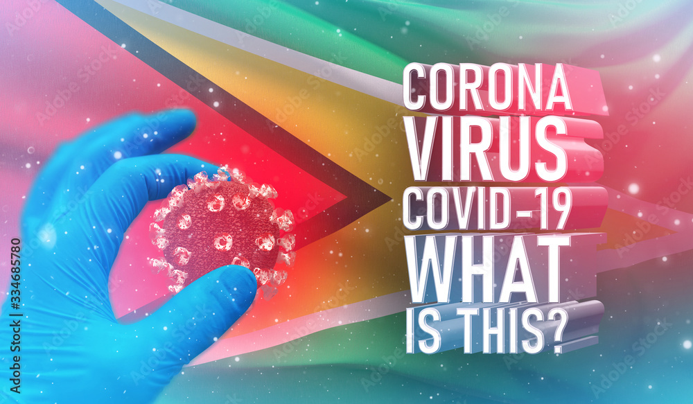 Coronavirus COVID-19, Frequently Asked Question - What Is It text, medical concept with flag of Guyana. Pandemic 3D illustration.