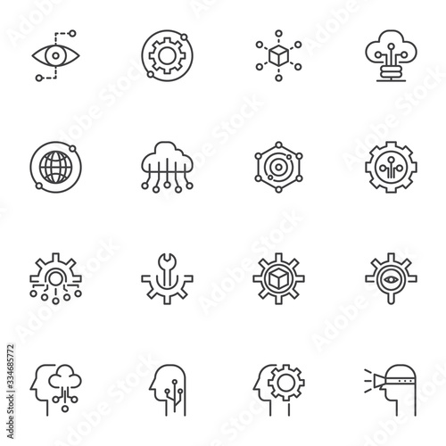 Technology, network connection icons set. linear style symbols collection, outline signs pack. vector graphics. Set includes icons as cloud computing, setting gear, maintenance, monitoring, vision