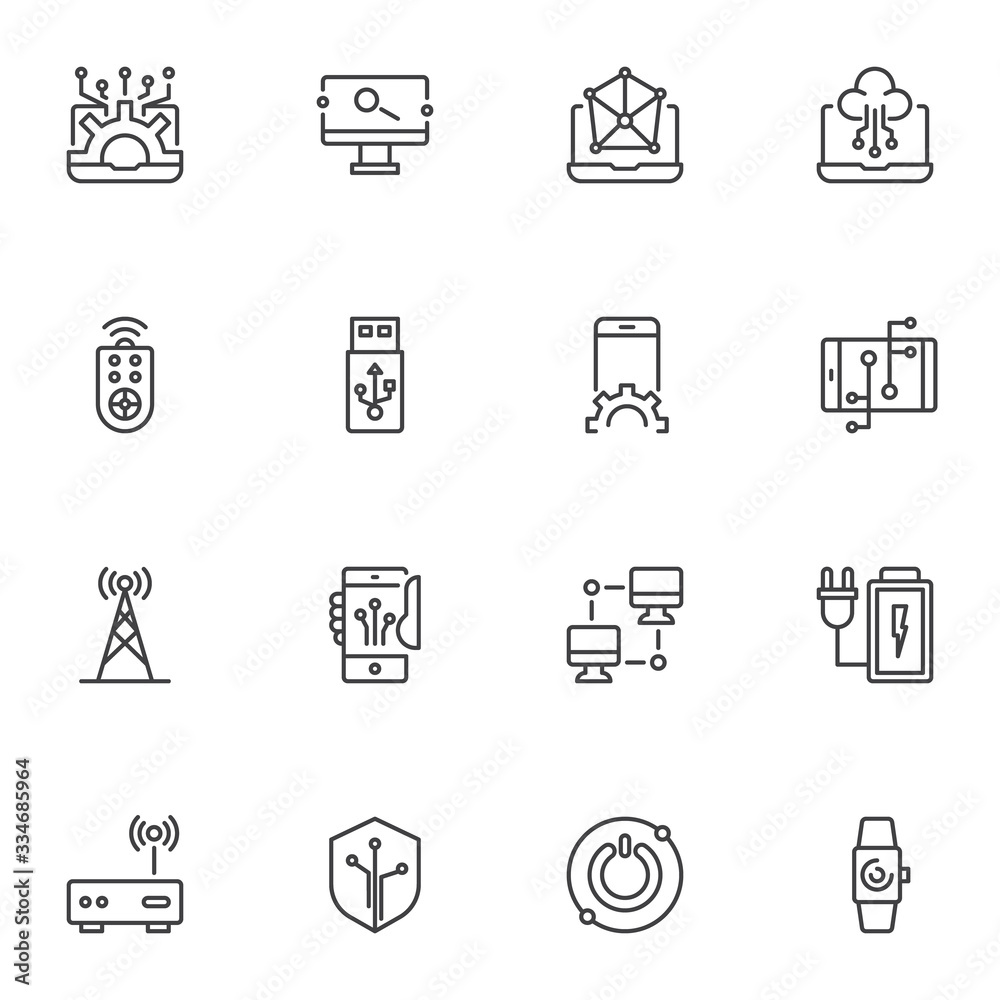 Electronic technology line icons set. linear style symbols collection, outline signs pack. vector graphics. Set includes icons as broadcast antenna, wireless remote control, usb, computer connection Electronic technology line icons set. linear style symbols collection, outline signs pack. vector graphics. Set includes icons as broadcast antenna, wireless remote control, usb, computer connection