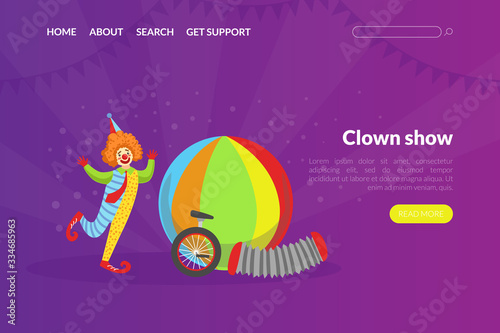 Clown Show Landing Page Template, Circus Performance Web Page, Mobile App, Homepage Vector Illustration
