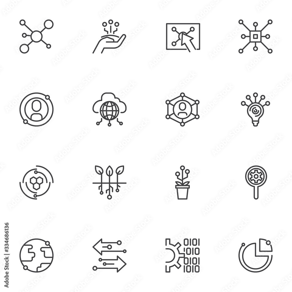 Technology connection line icons set. linear style symbols collection outline signs pack. vector graphics. Set includes icons as global network connection, cloud computing, transfer arrows, share link