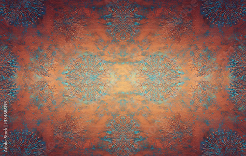 Fotografija background of rustic, cooper patina effect, wooden vintage wall with floral embo