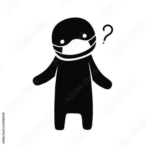 Protection from coronavirus infection. Black silhouette of perplexed little man in medical face mask.