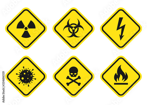 Warning signs set - danger, radiation, biohazard, death, voltage, flame, virus