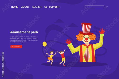 Amusement Park Landing Page Template, Circus Performance with Funny Clowns Web Page, Mobile App, Homepage Vector Illustration