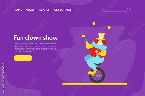 Fun Clown Show Landing Page Template, Circus Performance with Funny Juggling Comedian Web Page, Mobile App, Homepage Vector Illustration