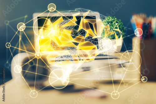 Multi exposure of work space with computer and human brain hologram. Brainstorm concept.