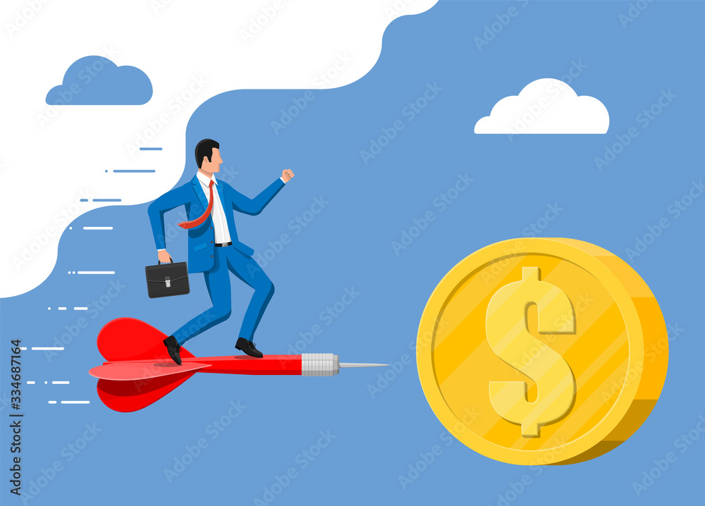 Businessman on aart arrow in dollar coin target. Goal setting. Smart goal. Business target concept. Achievement and success. Vector illustration in flat style Businessman on aart arrow in dollar coin target. Goal setting. Smart goal. Business target concept. Achievement and success. Vector illustration in flat style