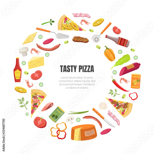Tasty Pizza Banner Template with Cooking Ingredients of Circular Shape Frame and Space for Text Vector Illustration