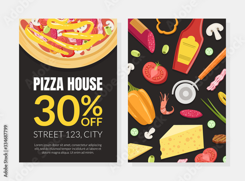 Pizza House Card Template with Cooking Ingredients, Element Can be Used for Restaurant or Cafe Menu, Flyer, Certificate Vector Illustration