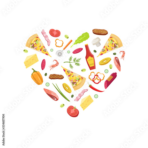 Pizza Banner Template with Cooking Ingredients of Heart Shape Vector Illustration