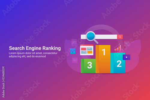 Search engine ranking, seo optimization, website seo success, web traffic and analytic internet, technology and marketing concept. Web banner template with text.