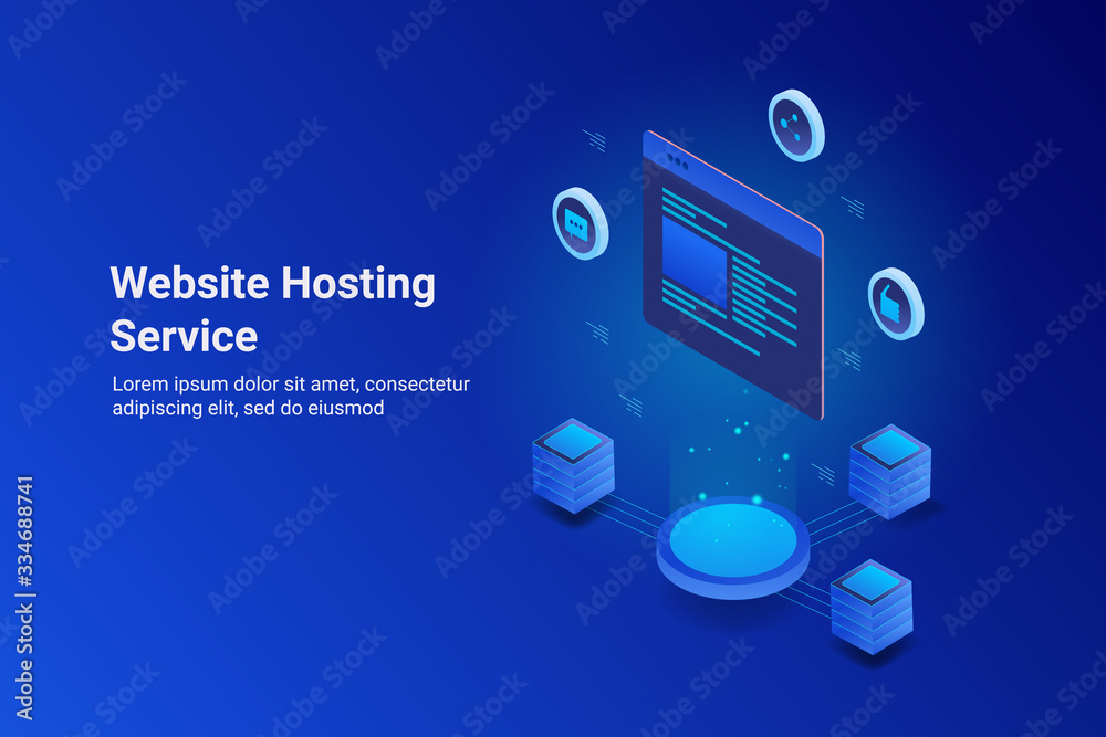 Website hosting, global internet server, data storage, business and communication technology concept. 3d style isometric web banner with text. - obrazy, fototapety, plakaty 