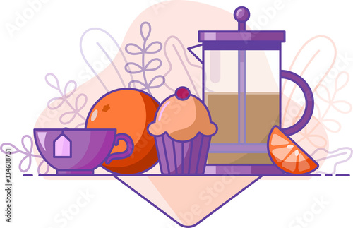 English breakfast with tea, orange and muffin