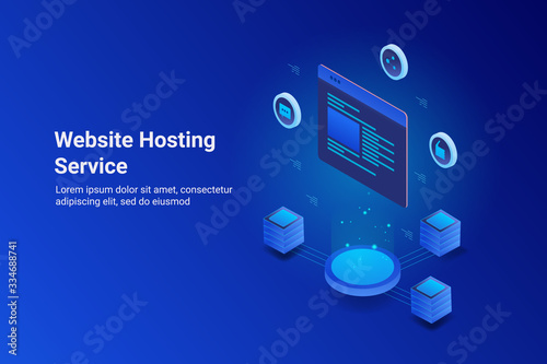 Website hosting, global internet server, data storage, business and communication technology concept. 3d style isometric web banner with text. photo