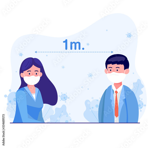 Girl and  man wearing protective medical mask stand 1 meter apart for protect coronavirus. world Corona virus and covid-19 outbreaking and pandemic attack concept.