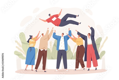 Happy cartoon people toss up person celebrating success vector flat illustration. Group of positive friends celebrate victory achievement together isolated on white. Joyful team congratulation male.