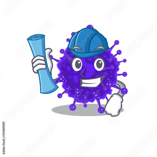 Cartoon character of nidovirales brainy Architect with blue prints and blue helmet