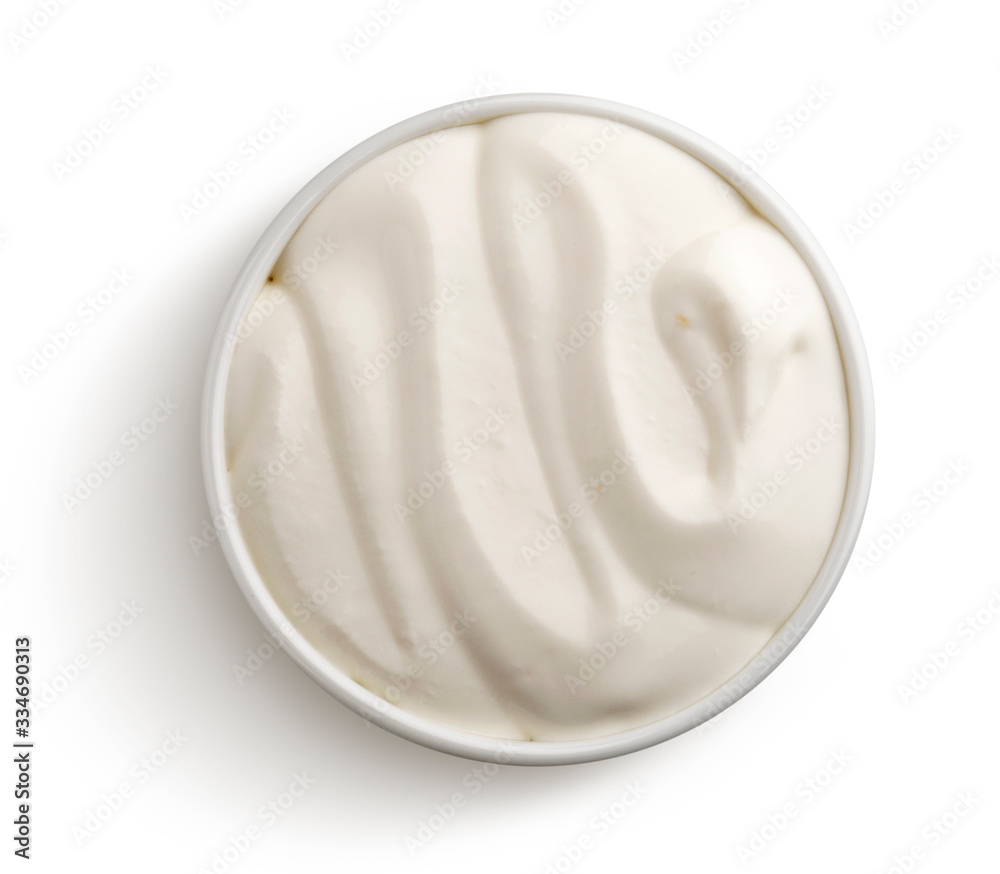 Top view of sour cream bowl isolated on white background Top view of sour cream bowl isolated on white background