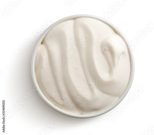 Top view of sour cream bowl isolated on white background