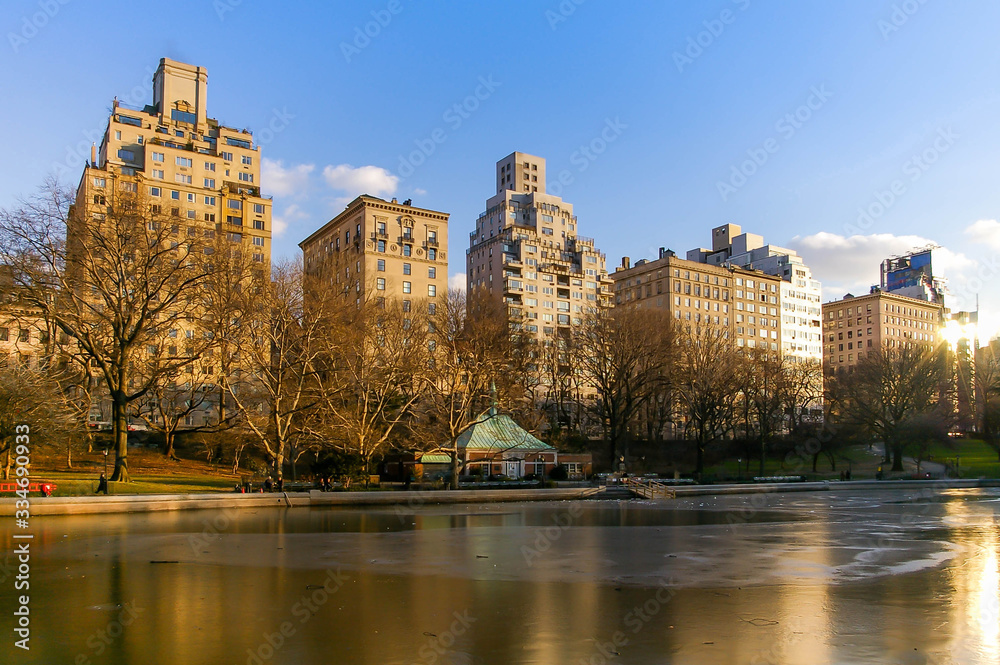 The frozen lake in winter at Central Park in Manhattan, New York in the USA