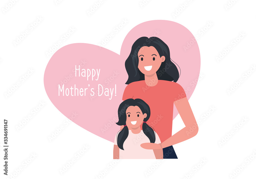 Mother and daughter smiling. Happy mothers day inscription. Flat vector illustration.