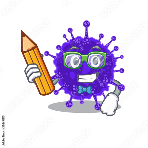 A brainy student nidovirales cartoon character with pencil and glasses