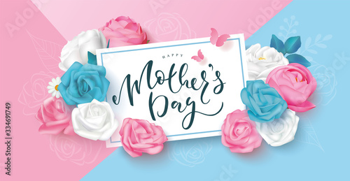 Happy mother's day postcard with roses, lettering, daisies and butterflies. Template design for banner, flyer, card, invitation.Vector illustration