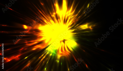 Light particles in motion  creating a burst of glowing multicolored rays on a black background. Energetic glow lights wallpaper.