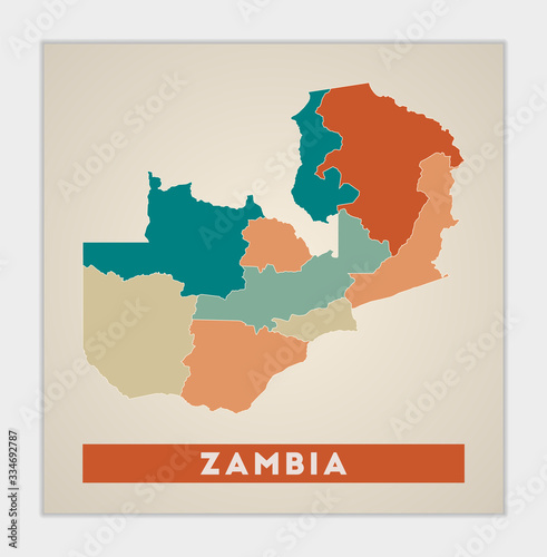Zambia poster. Map of the country with colorful regions. Shape of Zambia with country name. Artistic vector illustration.