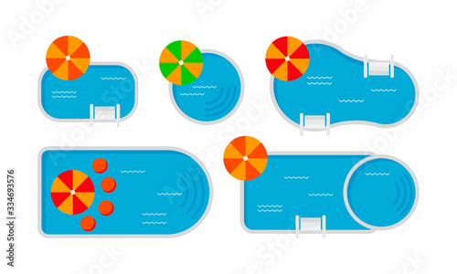 Set of colorful swimming pools isolated on white. Vector illustration