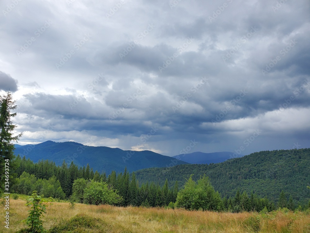 A beautiful scenery of Carpathian mountains with small houses, trees, fields, and roads in the summertime.