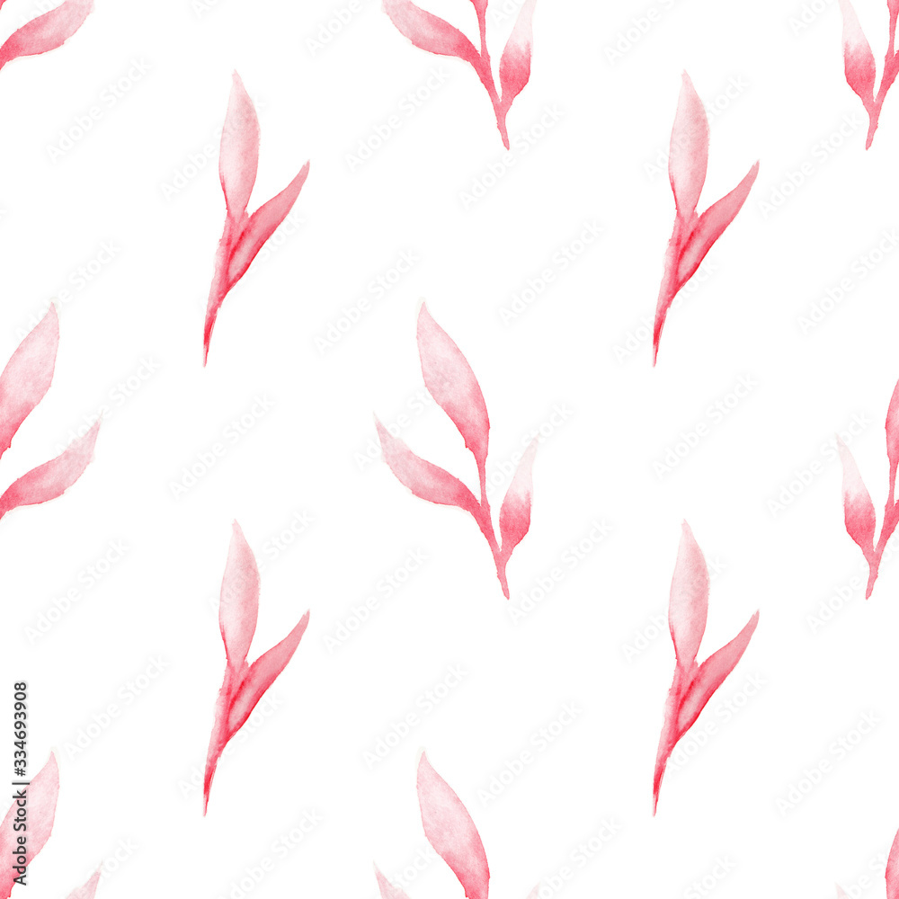 red watercolor leaf raster seamless pattern isolated on white. Hand-drawn floral watercolor illustration. Raster square seamless print