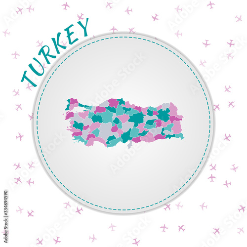 Turkey map design. Map of the country with regions in emerald-amethyst color palette. Rounded travel to Turkey poster with country name and airplanes background. Cool vector illustration.