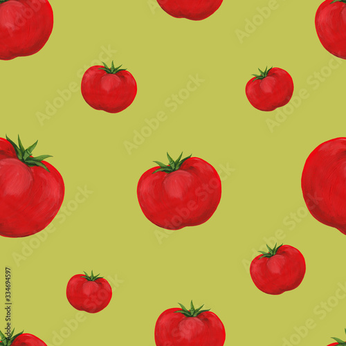 whole red tomato with green hat on a light green background seamless pattern. Hand-drawn seamless print with red tomato. Raster square food print