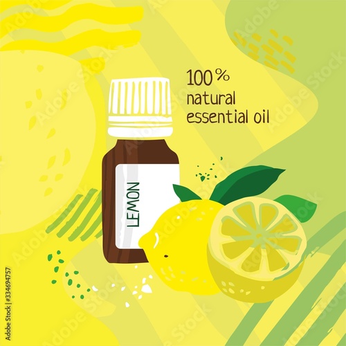 Jar with lemon essential oil on an yellow abstract background. Poster for catalog, invitations, parties and Spa. Color cute cartoon vector illustration