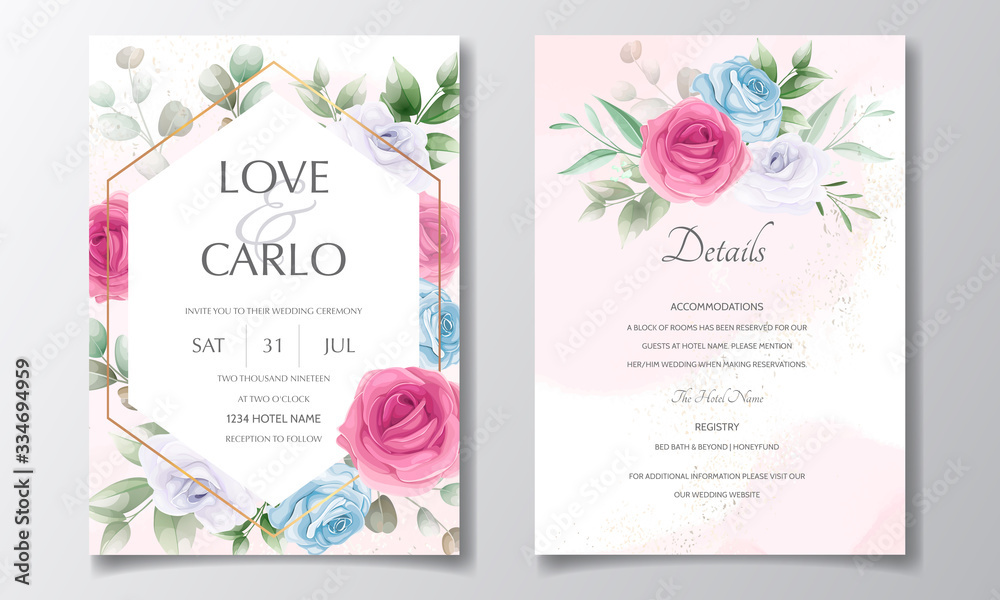 Beautiful and elegant wedding invitation card template set with floral frame