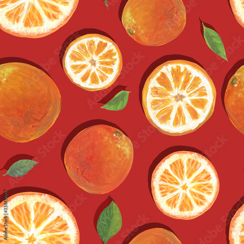 Orange juicy bright fruit seamless pattern. Design for wallpaper, background, fabric, textile, cafe, restaurant, resort, exotic, packaging.
