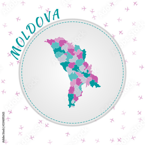 Moldova map design. Map of the country with regions in emerald-amethyst color palette. Rounded travel to Moldova poster with country name and airplanes background. Powerful vector illustration.
