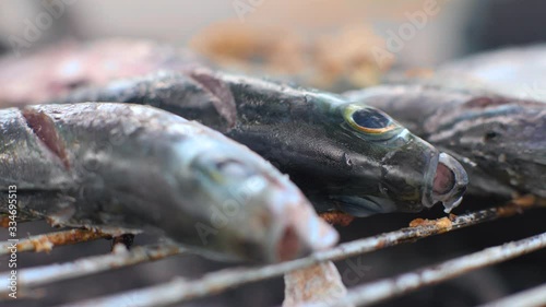 Close-up shot of cooking fish. Roasting marinated fish on barbecue grill. photo